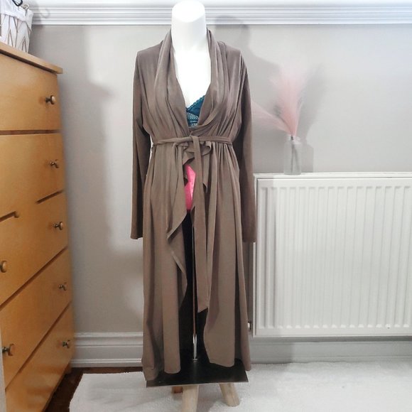 Faux Suede Long Cardigan Tie Waist Versatile Robe - Picture 2 of 12